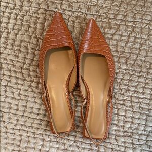 Brown Croc-Embossed Women's Slingback Flats Pointed Toe